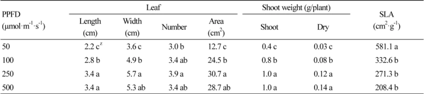 Table 1. Effects of light intensity on leaf length, leaf width, number of leaves, shoot fresh weight, shoot dry weight, and  specific leaf area (SLA) of Peucedanum japonicum Thunb.