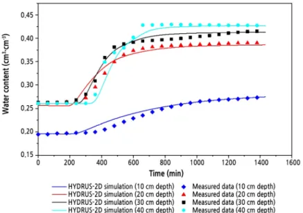 Fig. 5. Comparison of measured and simulated values of the soil water content at a drip tube spacing of 40 cm.