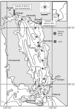 Fig. 1. Map for the study area with locations for the various sta- sta-tions in the Chunsu Bay (CSB), Yellow Sea of Korea.