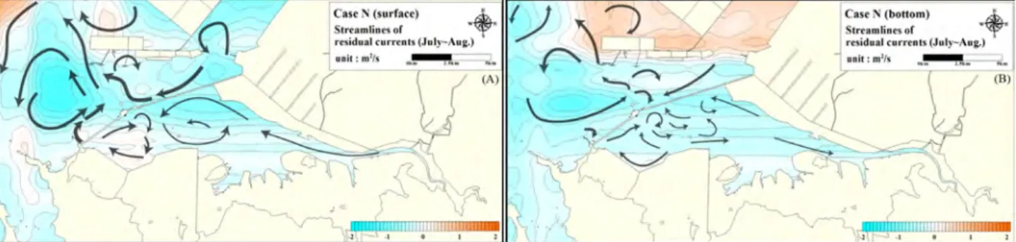 Fig. 20. Streamlines of residual currents at the surface(A) and bottom(B) without tidal power plant operation.