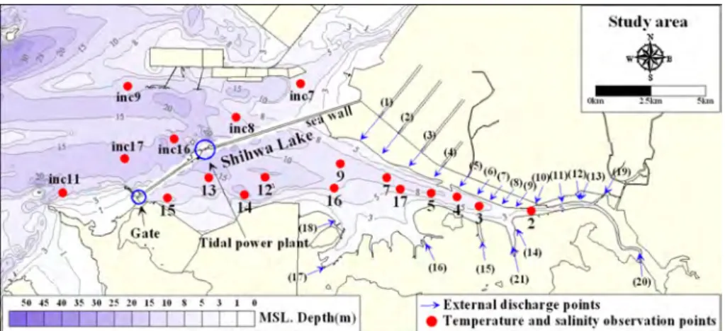 Fig. 3. Detailed depth contour and observation points of temperature and salinity around Shihwa Lake.