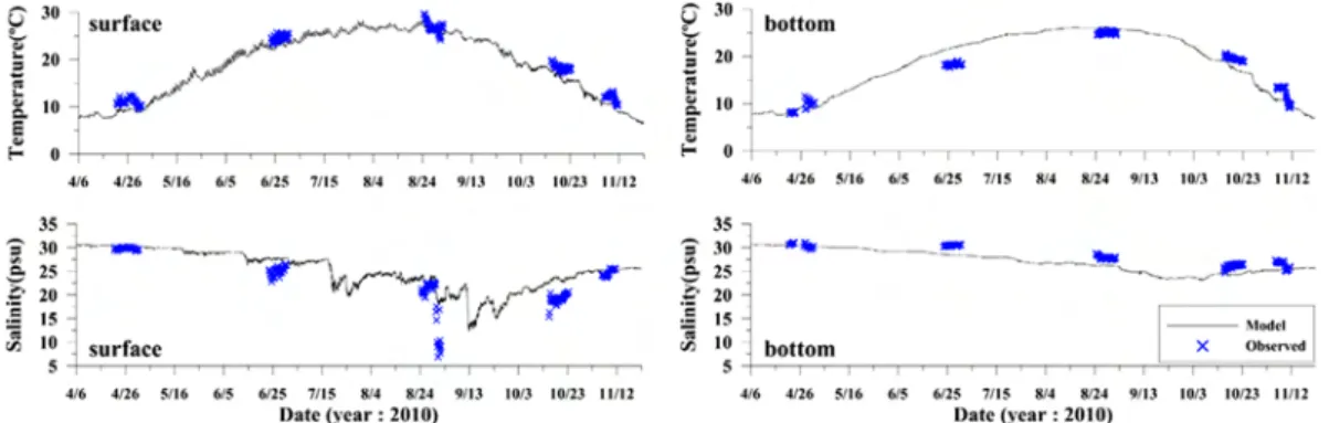 Fig. 6. Comparison of temperature and salinity between observed and model results at station 9.