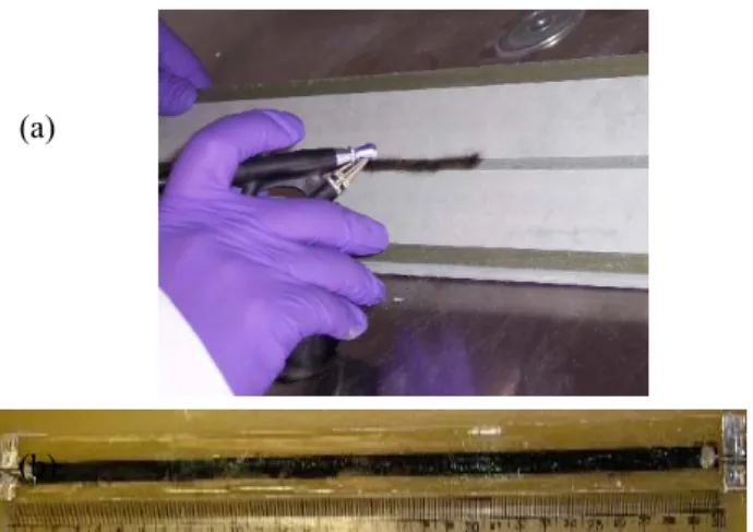 Fig. 1  Fabrication of CNT/PMMA composite  electrodes (a) spray fabrication on a patterned  bar; and (b) fabricated MWCNT/PMMA  structural sensor sprayed on a glass fiber beam (5  wt % MWCNT, 330 x 5 x 0.08 mm, R=117.03 k ,  C=14.7 pF)