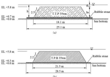 Fig. 1. Experimental setup for the submerged breakwaters by using (a)Tetrapods and (b)TPB, respectively (when N = 5).
