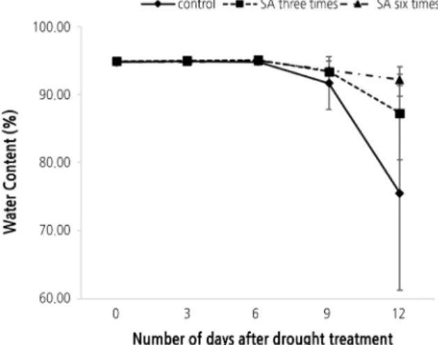 Fig. 2. The effect of exogenous salicylic acid on relative water content (%) of seedlings under drought stress for 12 days