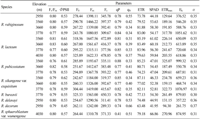 Table 2 Characteristics of chlorophyll fluorescence (Chl) and rapid light response curve (RLC) parameters of Rhododendron  species at each elevation