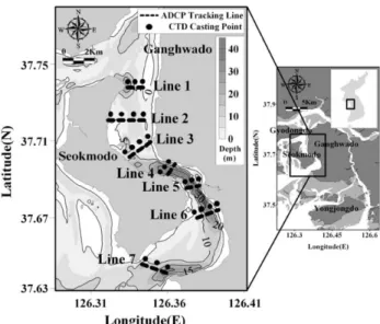 Fig. 1. Map of study area. Left panel is shown an enlarged view of the Seokmo channel showing the location of the survey lines.