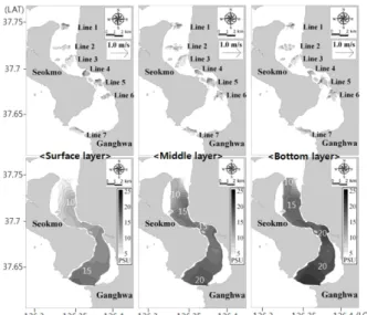 Fig. 5. Top layer in the figure shows current vector at observation lines during maximum flood tide