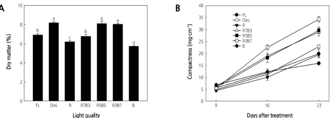 Fig.  8.  The  effects  of  the  light  quality  on  the  dry  matter  (A )  and  compactness  (B)  of  ‘Mini  Chal’  tomato  (Solanum  lycopersicum L.) measured 9, 16, and 23 days after treatment