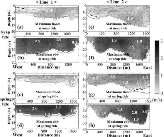 Table 2. Speed at line 1, line 2. Cross-sectional averaged flow speed and maximum speed values are shown during maximum flood and ebb