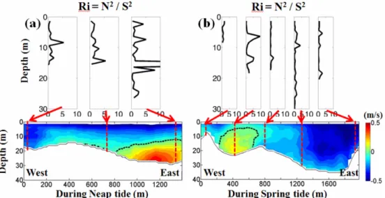 Fig. 10. Top layer in the figure shows that tidal averaged Richardson number calculated at CTD casting (red dotted line) at line 2