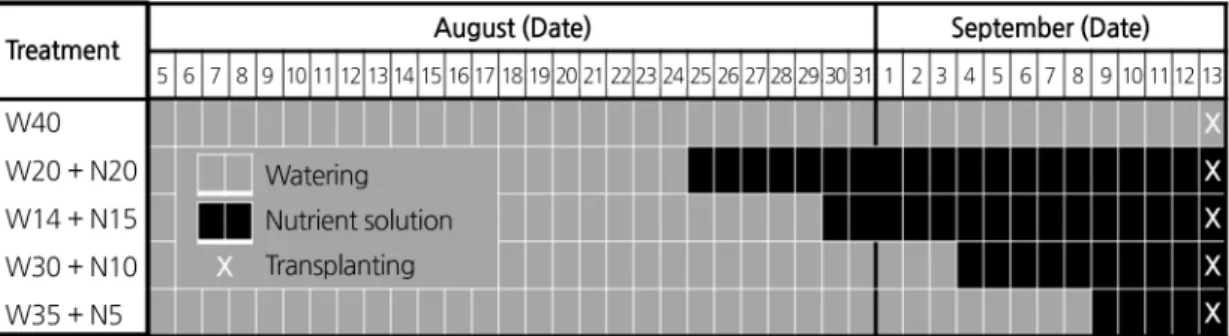 Fig. 1. Supply period of nutrient solution of runner plants in ‘Maehyang’ strawberry. W40, supply watering for 40 days; W20  + N20, supply watering for 20 days and nutrient solution for 20 days; W25 + N15, supply watering for 25 days and  nutrient solution