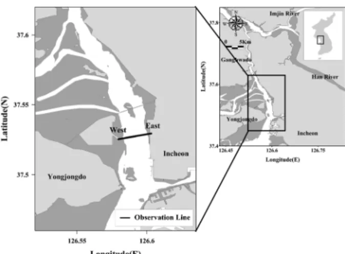 Fig. 1. Study area in the Gyeonggi bay and the ship track during the experiments of 2009, 2010.