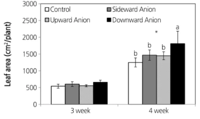 Fig. 6. Leaf area of lettuce according to generation position of air anion in fluorescent light
