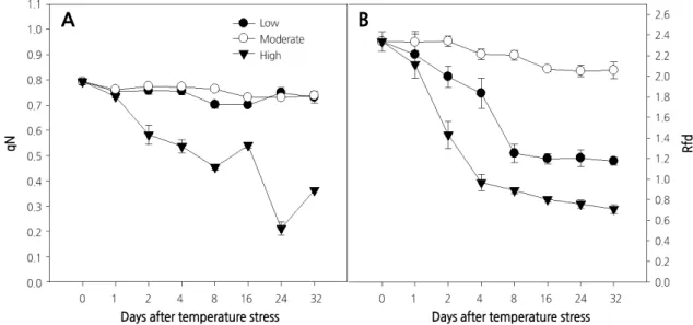 Fig. 3. Changes in the coefficient of non-photochemical quenching of variable fluorescence (qN) [A], and the ratio of the  fluorescence decrease (Rfd) [B] in paprika plants grown under different temperature conditions for 32 days