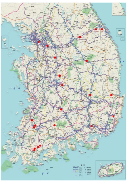 Fig. 4. Layout of the tunnel locations studied (22 points)3. 터널내 자연환기력 분석3.1 분석대상터널내 자연환기력 분석을 위해 노선별로 공용중인 주요터널(22개소)를 대상으로 하였으며,  노선별 위치는 Fig