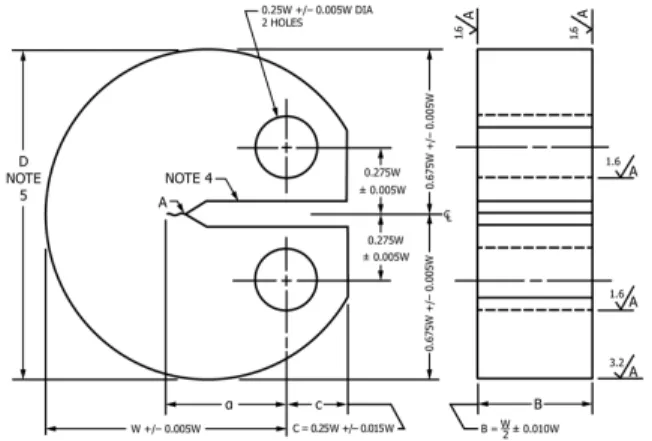 Fig. 4. Disk-Shaped Compact DC(T) Specimen—Standard Proportions and Tolerances (ASTM E399)