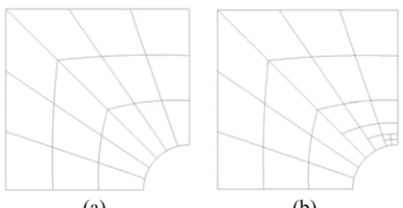 Fig. 5  (a) Initial NURBS mesh, (b) locally refined T- T-spline mesh  XY-4-3 -2 -1 001234 Sxx 3432302826242220181614121086420