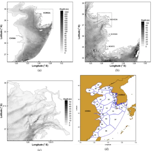 Fig. 1.  FEM grid structure, YS-G211K, (a) for the whole Yellow Sea with depth distribution, (b) around Korean Peninsular, (c) in the vicinity of Gyunggi Bay and (d) domain decomposition for 32 parallel processors.