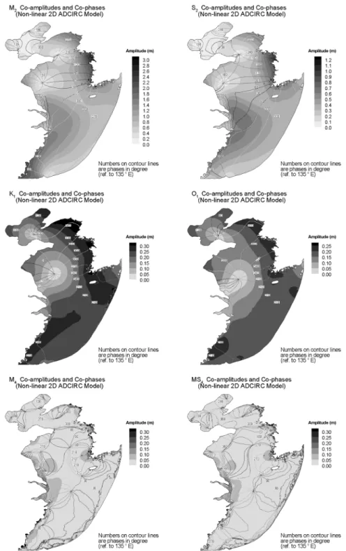Fig. 2.  Computed tidal charts for the 4 major constituents and shallow tides, M4, MS4.