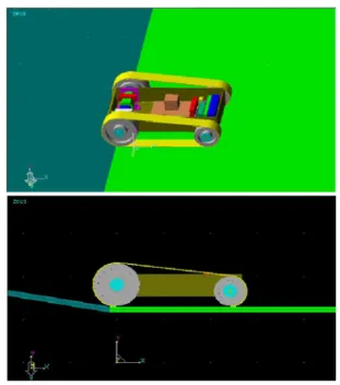 Fig. 4  Climbing of tracked robot on the slope  2.3  무한궤도  로봇의  구동  모멘트   Fig.4 에서  는  추진력,  는  구동  모멘트 (moment), M 은  전체  무한궤도  로봇의  질량,  는  구동륜의  관성  모멘트, m 은  구동륜의  질량이다