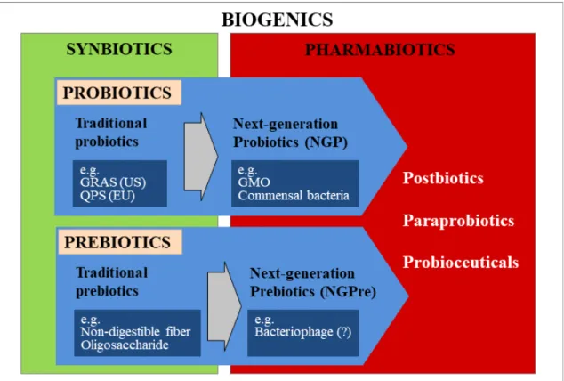 Fig  1.  Summarized  category  and  direction  for  probiotics  &amp;  prebiotics.  Traditional  pro-/pre-biotics  are  moving  toward  next-generation  pro-/ 