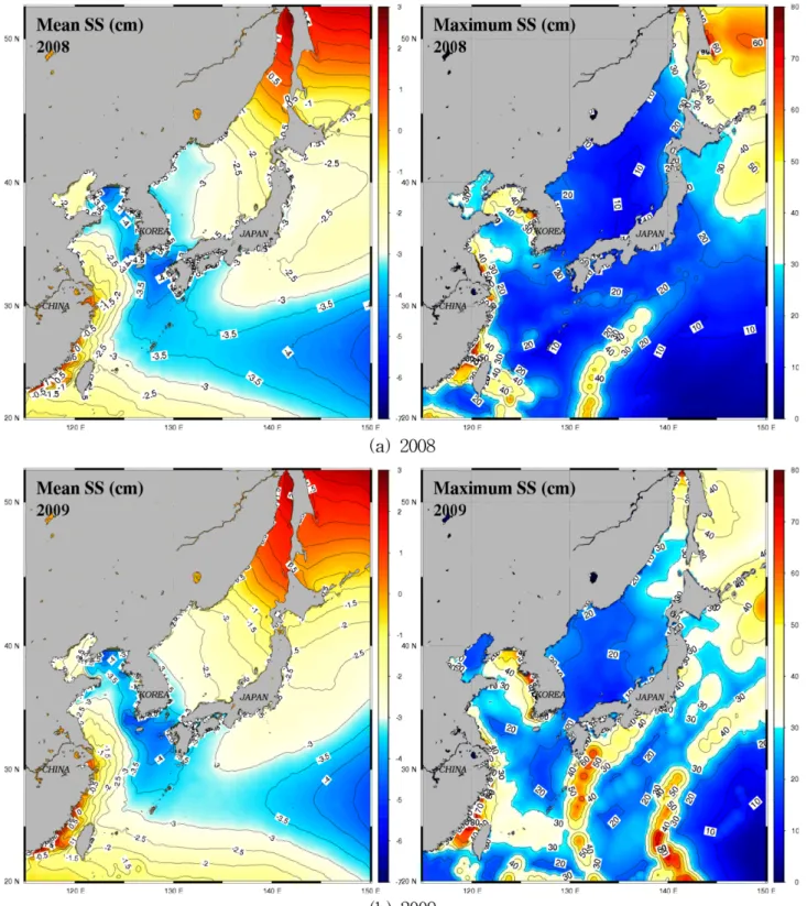 Fig. 4. Spatial distributions of the annual mean and maximum storm surge heights in (a) 2008 and (b) 2009.