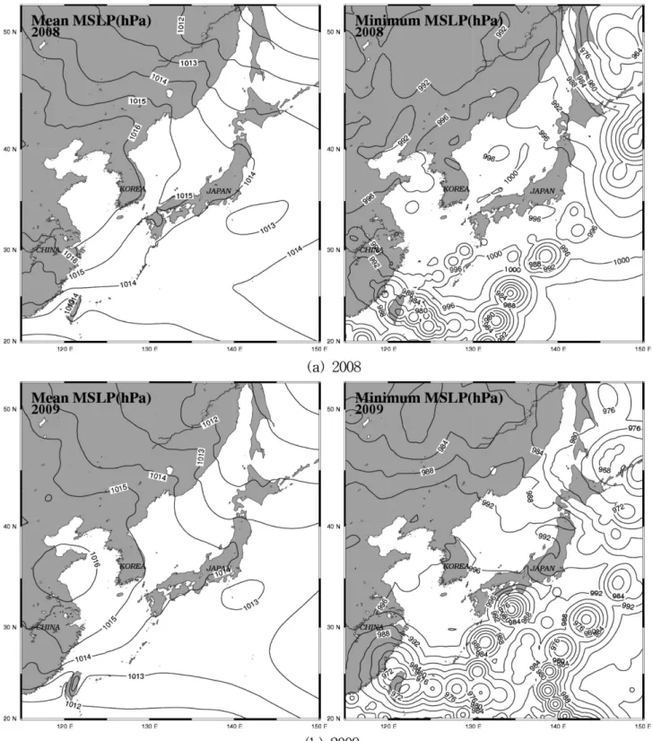Fig. 5. Spatial distributions of the annual mean and minimum MSLP in (a) 2008 and (b) 2009.
