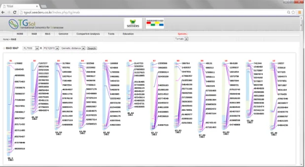 Fig. 3. Snap shot of MAB marker selecting program divided by genetic distance. Like as program in figure 1, partitioned regions in  each chromosome were described with blue and yellow shade