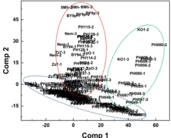Fig. 3.  PLS-DA (partial least square discriminant analysis) score plot  of  FT-  IR  (Fourier  transform  infrared)  data  from  wild  peach.