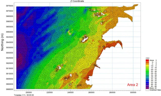 Fig. 3. Bathymetry and mesh of near field domain.