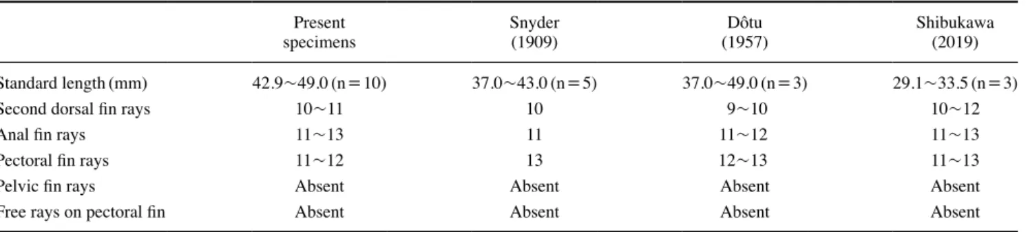 Table 1. Comparison of meristic counts of Luciogobius parvulus Present specimens Snyder (1909) Dôtu  (1957) Shibukawa(2019) Standard length (mm) 42.9~49.0 (n=10) 37.0~43.0 (n=5) 37.0~49.0 (n=3) 29.1~33.5 (n=3)