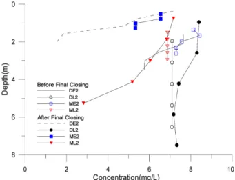 Fig. 13. Simulated DO concentration change after completion of dike at selected points.