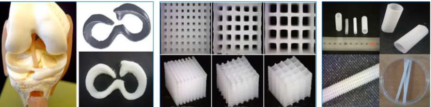 Fig. 4 3D scaffold : 3D meniscus scaffold (left), cubic scaffold with various pore size/strand diameter (middle), tube scaffold (right)