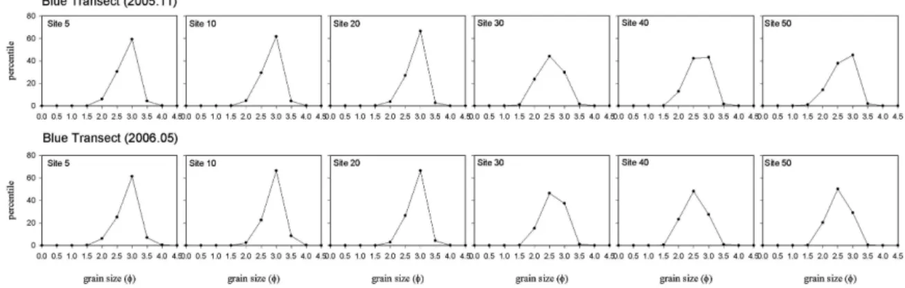Fig. 4. Variation of grain size components (2.0φ(i.e., 0.250 mm), 2.5φ(i.e., 0.177 mm), 3.0φ(i.e., 0.125 mm), 3.5φ(i.e., 0.088 mm)) of Blue, Black and Red Transects between Nov., 2005 and May, 2006.