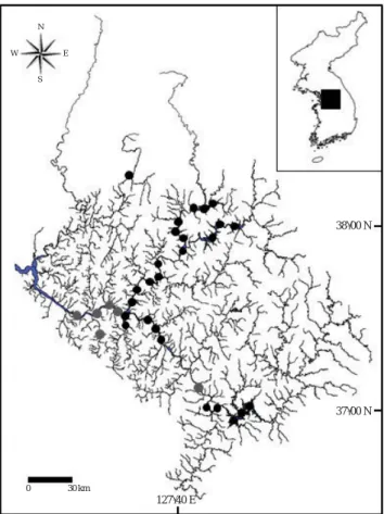 Fig. 2. Distribution map of bluegill, Lepomis macrochirus in the Han river system from 2009 to 2012