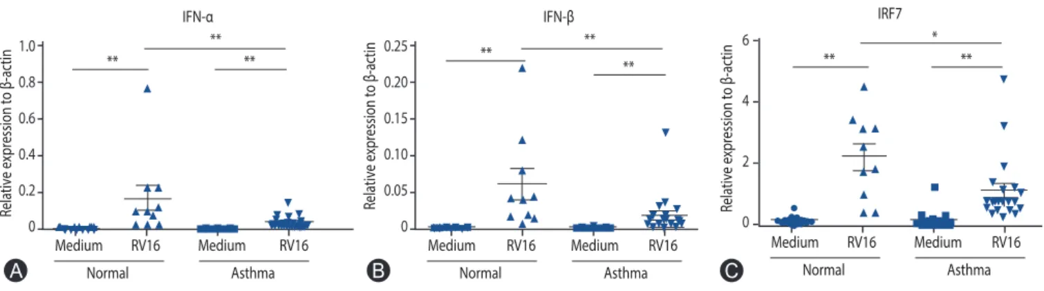 Fig. 1. Expressions of type I interferon (IFN) and interferon regulatory factor 7 (IRF7) mRNA in response to rhinovirus stimulation in the peripheral blood  mononuclear cells of asthmatics and healthy subjects