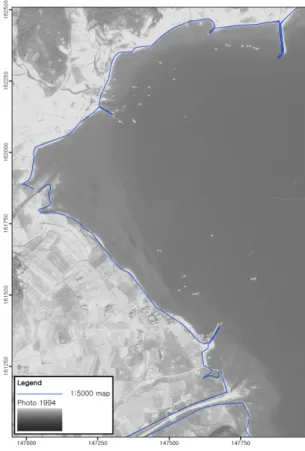 Fig. 3. Comparison of aerial photograph with shoreline of map.