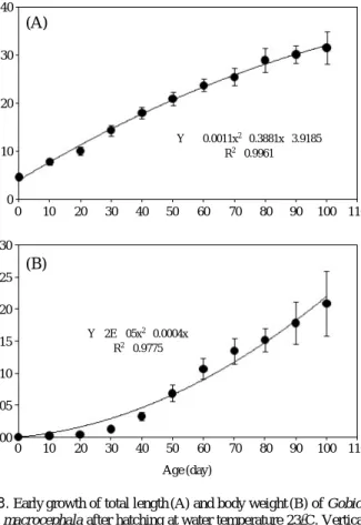 Fig. 3. Early growth of total length (A) and body weight (B) of Gobio- Gobio-botia macrocephala after hatching at water temperature 23� C
