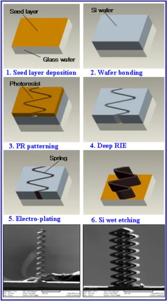 Fig. 3 Fabrication process of MEMS spring Fig. 2는 유한요소해석 결과이며,  Fig. 2(a)는 스