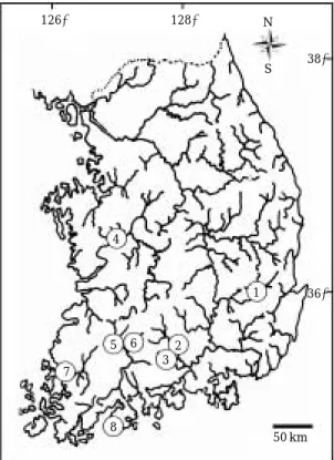 Fig. 1. A map showing the sampling localities of L. medi- medi-adiposalis. 