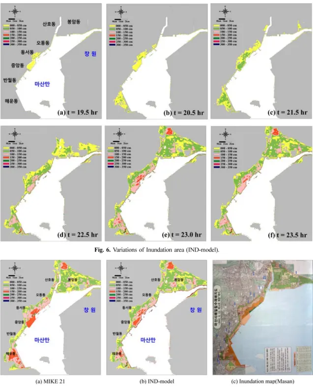 Fig. 7. Maximum inundation area for typhoon MAEMI around Masan bay.