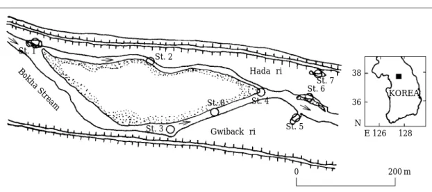 Fig. 1. Map showing the sampling stations in the Bokha Stream of Namhan River system.