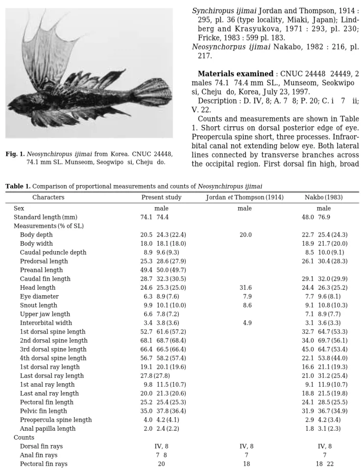 Table 1. Comparison of proportional measurements and counts of Neosynchiropus ijimai