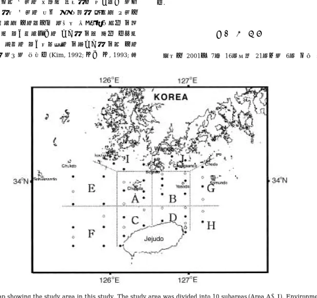 Fig. 1. Map showing the study area in this study. The study area was divided into 10 subareas (Area A~J)