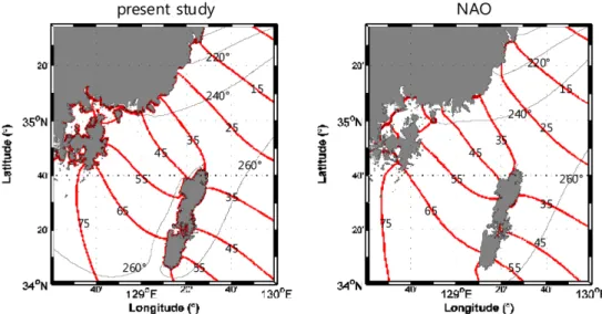 Fig. 14. Distribution of co-amplitude (red line) and co-phase (black line) of S 2 , amplitude (cm), phase (degree)