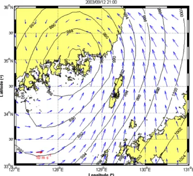 Fig. 13에서는 태풍 해일-조석 계산결과와 관측 결과를 비교하여 나타내었다. 태풍 해일 관측 자료는 국립해양조