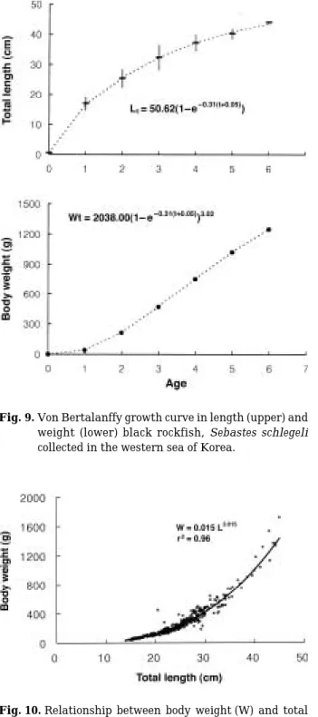 Fig. 10. Relationship between body weight (W) and total length (L) of black rockfish, Sebastes schlegeli collected in the western sea of Korea.