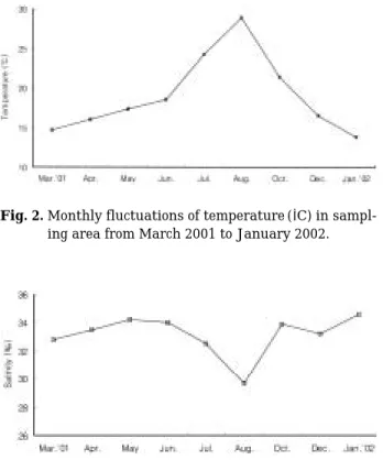 Fig. 3. Monthly fluctuations of salinity (‰) in sampling area from March 2001 to January 2002