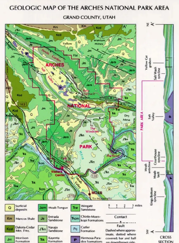 Fig. 2. Geological map and cross section around the  Arches National Park (modified from Doelling, 2004)